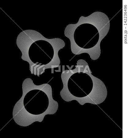 Round layout pattern. Radial equalizer logos with circular sound waves on black backgroundset. Music audio icons featuring radial spectrum, voice symbol, wavy frames. Sound ring lines. Round layout pattern. Radial equalizer logos with circular sound waves on black backgroundset. Music audio icons featuring radial spectrum, voice symbol, wavy frames. Sound ring lines. 142236496