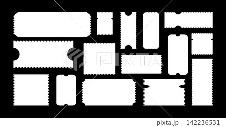 White admit tickets mockups on black background. Empty flat template. Simple boarding blank, lottery, minimalist sale coupons set. Ticket for cinema, festival, theater, casino, circus, club. White admit tickets mockups on black background. Empty flat template. Simple boarding blank, lottery, minimalist sale coupons set. Ticket for cinema, festival, theater, casino, circus, club. 142236531