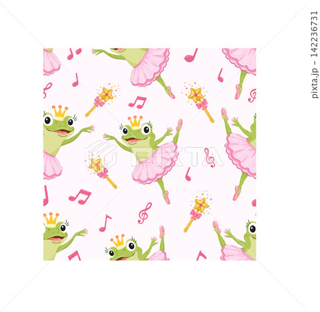 Cute seamless pattern featuring a ballerina frog. Background with a princess frog wearing a pink tutu, a golden crown, a magic wand, and musical notes. 142236731