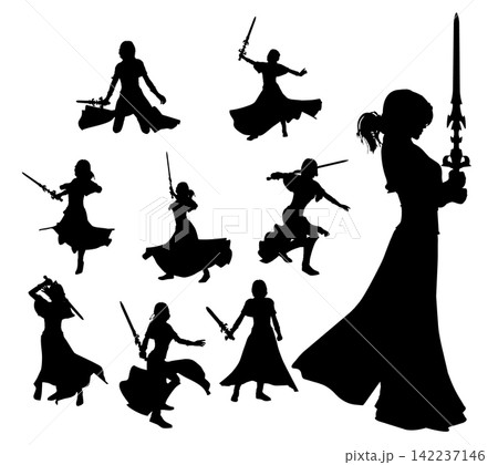Silhouette of Fantasy Sword Warrior Girl Silhouette of Fantasy Sword Warrior Girl 142237146