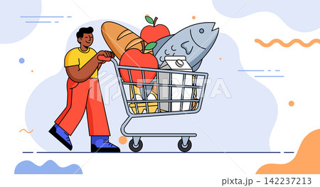 Man Pushing Shopping Cart Full of Groceries Man Pushing Shopping Cart Full of Groceries 142237213
