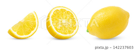 Lemons set isolate. Whole fresh lemon, half of juicy lemon fruit and cut in slice isolated. Lemons set isolate. Whole fresh lemon, half of juicy lemon fruit and cut in slice isolated. 142237603