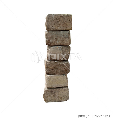 Vertical stack of six rough grey stone bricks isolated on white background construction materials for building concepts Vertical stack of six rough grey stone bricks isolated on white background construction materials for building concepts 142238464