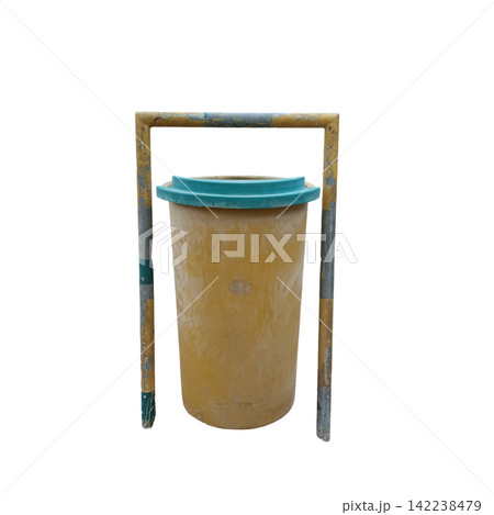 Yellowish plastic garbage can with bright blue rim and metal stand isolated on white background waste disposal container Yellowish plastic garbage can with bright blue rim and metal stand isolated on white background waste disposal container 142238479