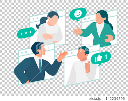 A business illustration depicting a remote meeting where participants use the "like" button and emojis to react and smoothly exchange opinions through the screen. A business illustration depicting a remote meeting where participants use the "like" button and emojis to react and smoothly exchange opinions through the screen. 142239296