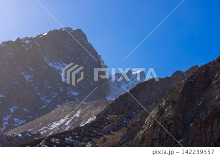 Dramatic Mountain Landscape Under Clear Blue Sky Dramatic Mountain Landscape Under Clear Blue Sky 142239357
