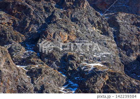 Rugged Mountain Slope with Snow Patches in Kyrgyzstan Rugged Mountain Slope with Snow Patches in Kyrgyzstan 142239384
