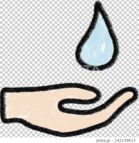 Water droplet on palm, water resource icon, hand-drawn paint, color. Water droplet on palm, water resource icon, hand-drawn paint, color. 142239613