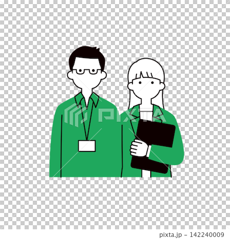 A set of simple upper body vector illustrations of a man in a dress shirt and a woman holding a laptop. A set of simple upper body vector illustrations of a man in a dress shirt and a woman holding a laptop. 142240009