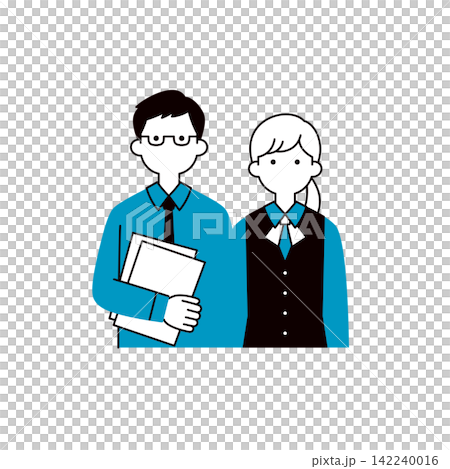 A set of simple upper body vector illustrations of a young male employee holding documents and a female employee in uniform (line art). A set of simple upper body vector illustrations of a young male employee holding documents and a female employee in uniform (line art). 142240016