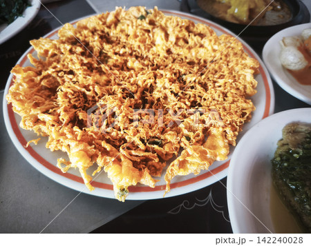 Crispy Indonesian telur dadar barendo, a traditional Minang style fluffy deep-fried egg omelet with lacy edges, served on a plate as a Nasi Padang side dish. 142240028