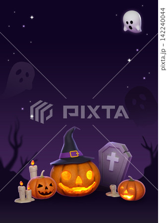 3D Halloween Background with Jack O Lantern Pumpkin and Copy Space for Text 142240044