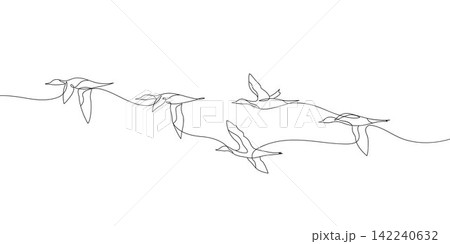 Continuous line drawing of birds flying to sky. A flock of ducks is flying. Minimalist black linear sketch isolated on white background. Hand drawn vector illustration. Continuous line drawing of birds flying to sky. A flock of ducks is flying. Minimalist black linear sketch isolated on white background. Hand drawn vector illustration. 142240632