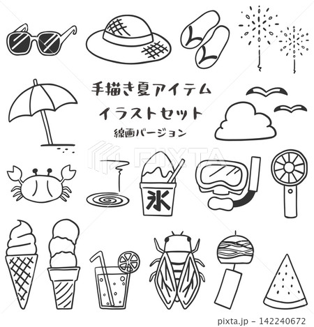 かわいい手描き夏アイテムイラストセット　線画 142240672