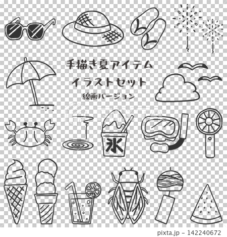 かわいい手描き夏アイテムイラストセット　線画 142240672