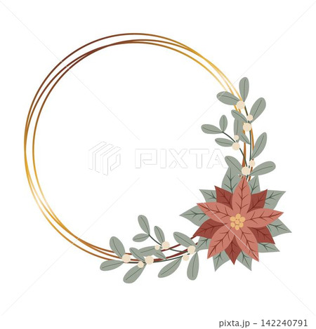 Christmas gold frame with red poinsettia flower.Design for New Year and Christmas cards, scrapbooking, stickers, planner, invitations Christmas gold frame with red poinsettia flower.Design for New Year and Christmas cards, scrapbooking, stickers, planner, invitations 142240791