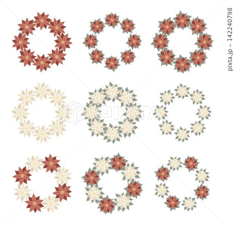 Christmas wreaths with white and red poinsettia. Design for New Year and Christmas cards, scrapbooking, stickers, planner, invitations Christmas wreaths with white and red poinsettia. Design for New Year and Christmas cards, scrapbooking, stickers, planner, invitations 142240798