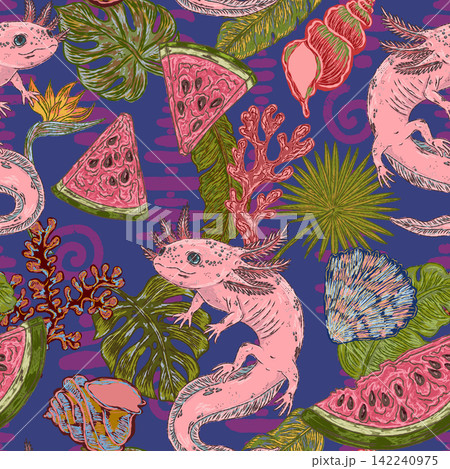seamless pattern with exotic fish, exotic fruits 142240975