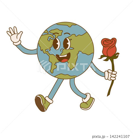 Earth Day. Cartoon cute earth planet character in retro style. Environmental eco concept 142241107