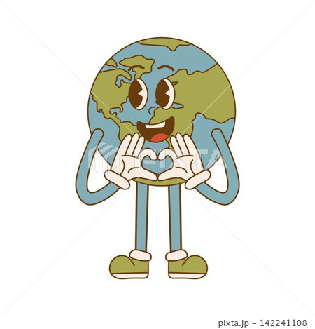 Earth Day. Cartoon cute earth planet character in retro style. Environmental eco concept Earth Day. Cartoon cute earth planet character in retro style. Environmental eco concept 142241108