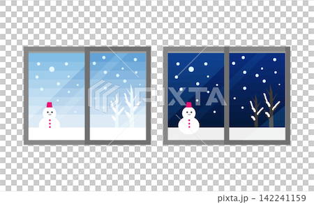 Illustration of a snowman and a winter window scene Illustration of a snowman and a winter window scene 142241159