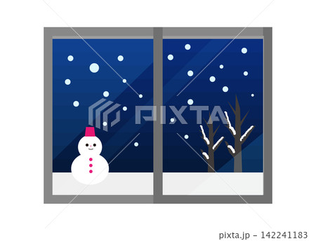 雪だるまと冬の窓の風景イラスト 雪だるまと冬の窓の風景イラスト 142241183