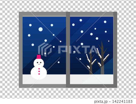 雪だるまと冬の窓の風景イラスト 雪だるまと冬の窓の風景イラスト 142241183