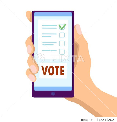 Male hand holding smartphone with vote button. Voting paper on phone screen. Political election campaign. Voting online concept Male hand holding smartphone with vote button. Voting paper on phone screen. Political election campaign. Voting online concept 142241202