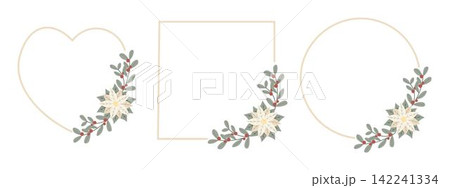 Set Christmas frames with white poinsettia flower and red berries.Design for New Year and Christmas cards, scrapbooking, stickers, planner, invitations 142241334