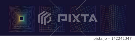 Set of distorted wireframe grid  in rainbow color. Retrowave, synthwave, rave. Trendy retro 1980s, 90s style. Print, poster, banner.vaporwave 142241347