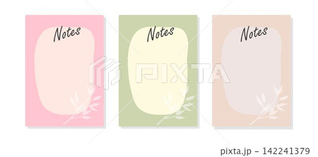 Set of trendy minimal planner in pastel colors with a vase of leaves in a hand-drawn texture style. For menu, to-do list. Template in pastel colors 142241379
