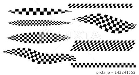 Set of Race flag lines . Black and white checker finish ribbon. Car race grid pattern. Rally border texture. checker lines. Chess graphic design element. Vector illustration isolated on white Set of Race flag lines . Black and white checker finish ribbon. Car race grid pattern. Rally border texture. checker lines. Chess graphic design element. Vector illustration isolated on white 142241552