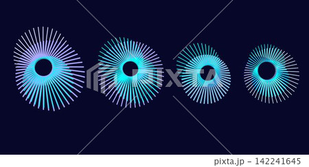 Sound waves in circular forms, linked with audio music, blue, white round voice icons, logos for equalizers, radial spectrums, rings. Flat vector illustrations isolated Sound waves in circular forms, linked with audio music, blue, white round voice icons, logos for equalizers, radial spectrums, rings. Flat vector illustrations isolated 142241645