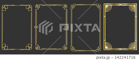 Golden frame set, thin line gold borders in art deco style. Luxury premium vector outline geometric rectangle. Linear decorative banners 142241716