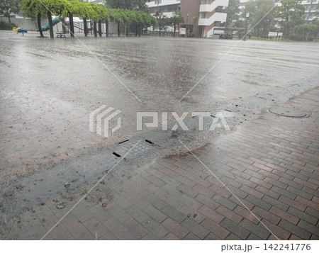 激しい雨で冠水する公園 ゲリラ豪雨と大雨のイメージ 激しい雨で冠水する公園 ゲリラ豪雨と大雨のイメージ 142241776