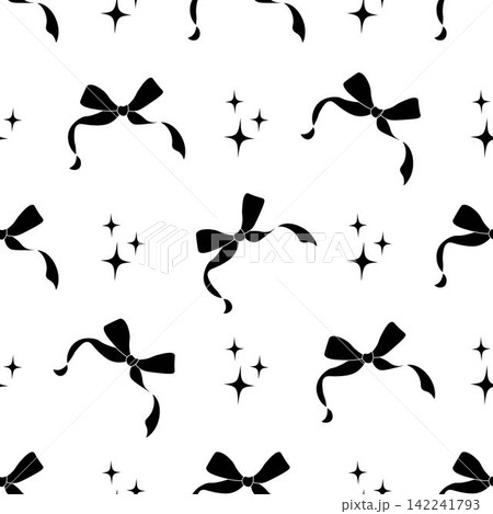 Decorative black bows and stars seamless pattern. Trendy design. Cute feminine romantic background for textile, wallpaper, wrapping Decorative black bows and stars seamless pattern. Trendy design. Cute feminine romantic background for textile, wallpaper, wrapping 142241793