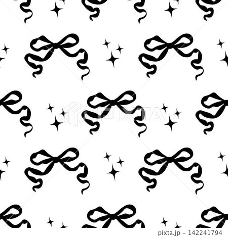 Decorative black bows and stars seamless pattern. Trendy design. Cute feminine romantic background for textile, wallpaper, wrapping 142241794