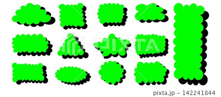 Set of scallop edge frames. Colored text box with frill. Blank speech bubbles in Y2K, groovy, retro style Set of scallop edge frames. Colored text box with frill. Blank speech bubbles in Y2K, groovy, retro style 142241844