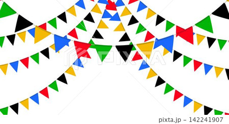 Red, green, black, yellow and blue flag garland. Triangle pennants chain. Party decoration. Celebration flags for decor 142241907