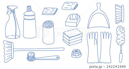 Set of outline doodle cleaning equipment. household chemicals, towel, brush and gloves. Hand drawn laundry vector illustrations. Housework icon collection Set of outline doodle cleaning equipment. household chemicals, towel, brush and gloves. Hand drawn laundry vector illustrations. Housework icon collection 142241940