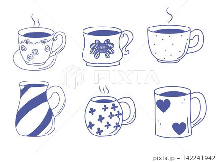 Hand drawn hot drinks set. Doodle coffee cups in blue. Coffee, tea.Vector illustration Hand drawn hot drinks set. Doodle coffee cups in blue. Coffee, tea.Vector illustration 142241942