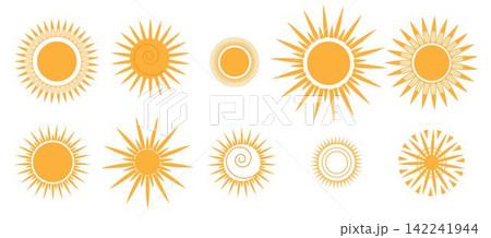 Orange doodle sun, icons set in doodle style. Sunset simple graphic symbols. Summer heat icons. Vector illustration Orange doodle sun, icons set in doodle style. Sunset simple graphic symbols. Summer heat icons. Vector illustration 142241944