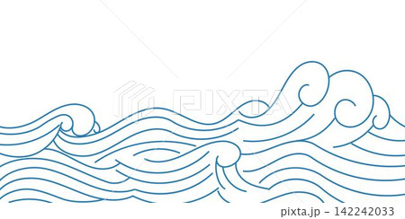 Japanese sea wave line background vector. Wallpaper design with blue and white ocean wave pattern backdrop. Modern luxury oriental illustration for cover, banner, website, decor, border, line art Japanese sea wave line background vector. Wallpaper design with blue and white ocean wave pattern backdrop. Modern luxury oriental illustration for cover, banner, website, decor, border, line art 142242033