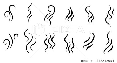 Smoke steam icon vector logo set. Smoke smell, steam aroma heat icon illustration. Hot vapor fire doodle line logo. Hit stink, coffee, fragrance flame elements. Vector illustration. Smoke steam icon vector logo set. Smoke smell, steam aroma heat icon illustration. Hot vapor fire doodle line logo. Hit stink, coffee, fragrance flame elements. Vector illustration. 142242034