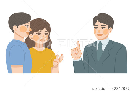 男性と女性の顧客と、男性の営業担当が笑顔で話し合いをしているイラスト 男性と女性の顧客と、男性の営業担当が笑顔で話し合いをしているイラスト 142242077