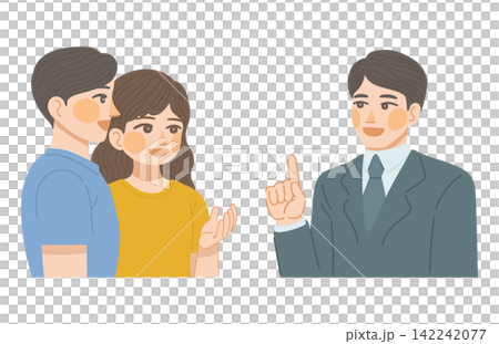 男性と女性の顧客と、男性の営業担当が笑顔で話し合いをしているイラスト 男性と女性の顧客と、男性の営業担当が笑顔で話し合いをしているイラスト 142242077