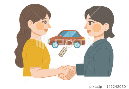 自動車売買取引が成立し、自動車販売業者の女性と、顧客の女性が握手をしているイラスト 自動車売買取引が成立し、自動車販売業者の女性と、顧客の女性が握手をしているイラスト 142242080