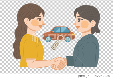 自動車売買取引が成立し、自動車販売業者の女性と、顧客の女性が握手をしているイラスト 自動車売買取引が成立し、自動車販売業者の女性と、顧客の女性が握手をしているイラスト 142242080