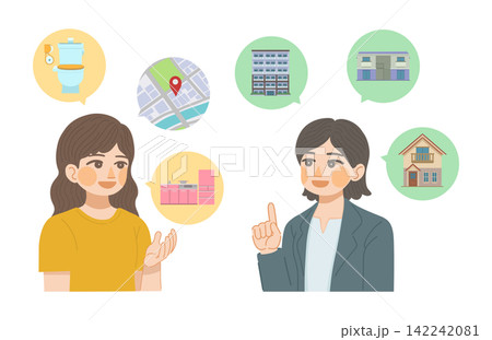 住みたい家の条件を伝える女性顧客と,物件を提案する不動産会社の女性スタッフのイラスト 住みたい家の条件を伝える女性顧客と,物件を提案する不動産会社の女性スタッフのイラスト 142242081