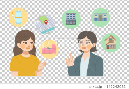 住みたい家の条件を伝える女性顧客と,物件を提案する不動産会社の女性スタッフのイラスト 住みたい家の条件を伝える女性顧客と,物件を提案する不動産会社の女性スタッフのイラスト 142242081